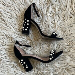 Madden Girl Black Heeled Sandals with Pearl Studs